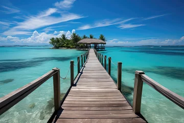 Fotobehang Thailand summer vacations, idyllic beach with turquoise sea, wooden pier, and tropical palm trees  © James Ellis