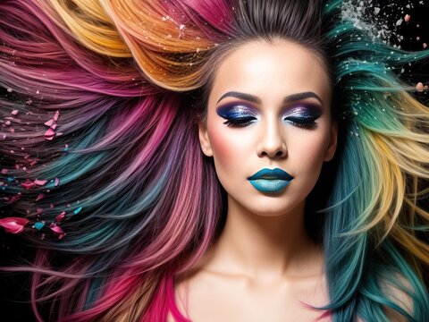 Beautiful woman with multi-colored hair and creative make up and hairstyle. Beauty face. Generative AI