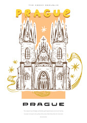 Big city, capital city Decorative vintage poster. Travel Poster Poster cityscape landmarks, sea, sunset sky. Vector illustration