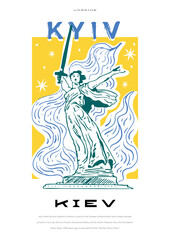 Big city, capital city Decorative vintage poster. Travel Poster Poster cityscape landmarks, sea, sunset sky. Vector illustration