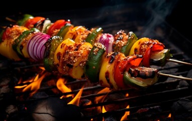 A close up of a grill with skewers of food on it. AI