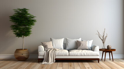 simple minimalism living room, wooden floor, door, white and gray interior Generative AI
