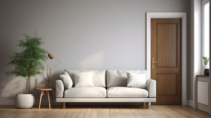 Fototapeta na wymiar simple minimalism living room, wooden floor, door, white and gray interior Generative AI