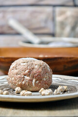 frozen lamb meat ball for soup with chickpeas, traditional Azerbaijani soup, cuisine of the peoples of the East