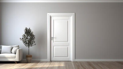 simple minimalism living room, wooden floor, door, white and gray interior Generative AI