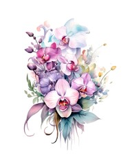 Bouquet of orchid flowers on white background in watercolor style. Generative AI.