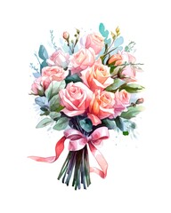 Bouquet of pink roses tied with pink ribbon on white background in watercolor style. Generative AI.