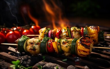 A close up of a grill with skewers of food on it. AI