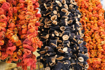 Dried peppers and aubergines in a famous local bazaar in Gaziantep, Turkey.