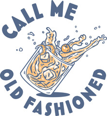 Old fashioned cocktail with ice, cherry and splash for design of bar menu. American alcochol cocktail with whisky and bourbon for drink party. Tee print