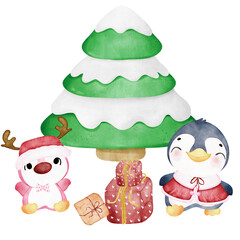 Whimsical Christmas Penguin with Chubby Smile, Adorned with Deer's Antlers and Scarf. Festive Winter