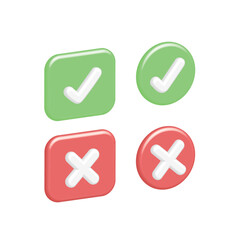 Volumetric 3D buttons in form of circle and square with icons, check and cross symbols. Vector, positive, negative sign in red, green. Choice of options. Good, wrong mark. Yes or no. Okay.