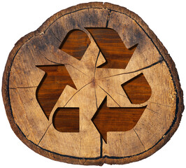 Recycling symbol made of wood. Cross section of a tree trunk with a Wooden Recycle Symbol isolated on white or transparent background. Sustainable resources concept. Png.