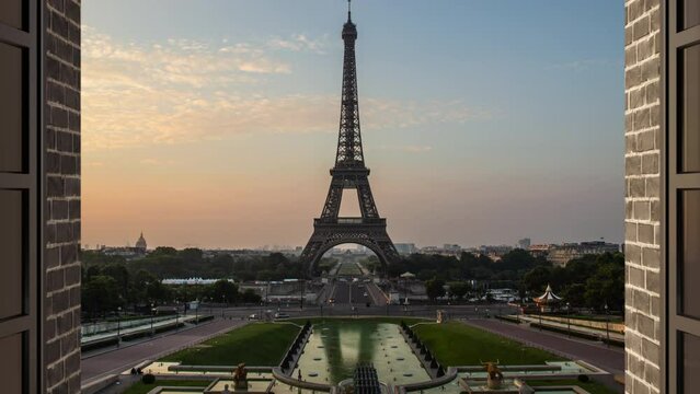 window opens on paris city eiffel tower timelapse from night to day at sunrise,view from inside the room
