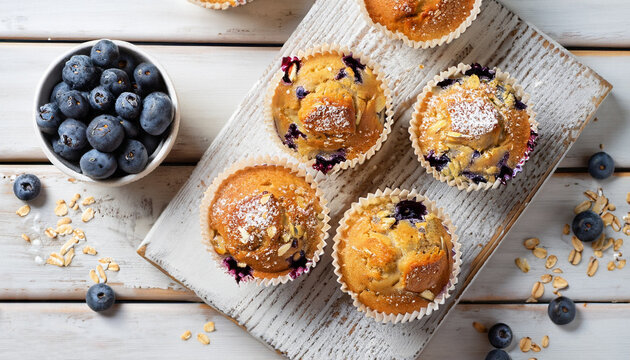 Freshly baked blueberry muffins with almond, oats and icing sugar topping on a rustic white wooden table with berries, brown sugar. Top view