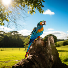 Colorful macaw on top of a stump