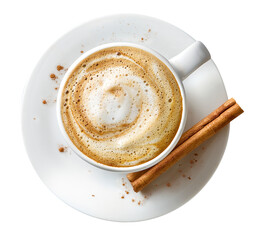 Xícara com Cappuccino acompanhado de canela em pau vista de cima isolado em fundo transparente - café expresso cremoso