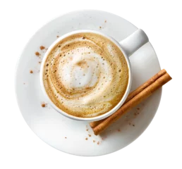 Keuken foto achterwand Koffie Xícara com Cappuccino acompanhado de canela em pau vista de cima isolado em fundo transparente - café expresso cremoso