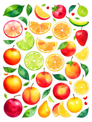 Healthy Fruits Collection: lemon, apple, orange, strawberry, lime, tomato, banana
