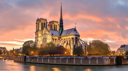 Notre-Dame Cathedral in Paris during evening time.
Created with Generative Ai technology.