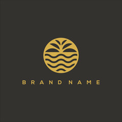 Palm and sea waves or lake circle logo vector