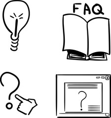Sketch of icons - lamp or bulb, faq with book, hand with symbol, and window in internet.  
