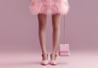 long female legs in pink shoes on a pink background, with a pink handbag .candy style.Generative AI