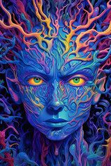 Psychedelic portrait DMT visual imagery, colorful trippy abstract mystical art, on hallucinogenic lsd. Concept of shamanism and spiritual experience. Ai generated