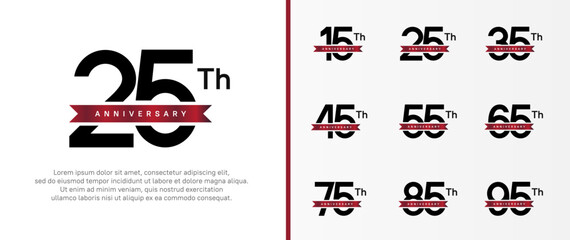 set of anniversary logo black color number and red ribbon on white background for celebration
