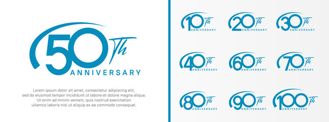 set of anniversary logo blue color number and swoosh on white background for celebration