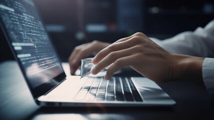 Browsing Internet Data Information Search engine with businessman hand background. Man clicking internet search bar accessing homepage on computer touch screen. Digital Networking , Generative Ai