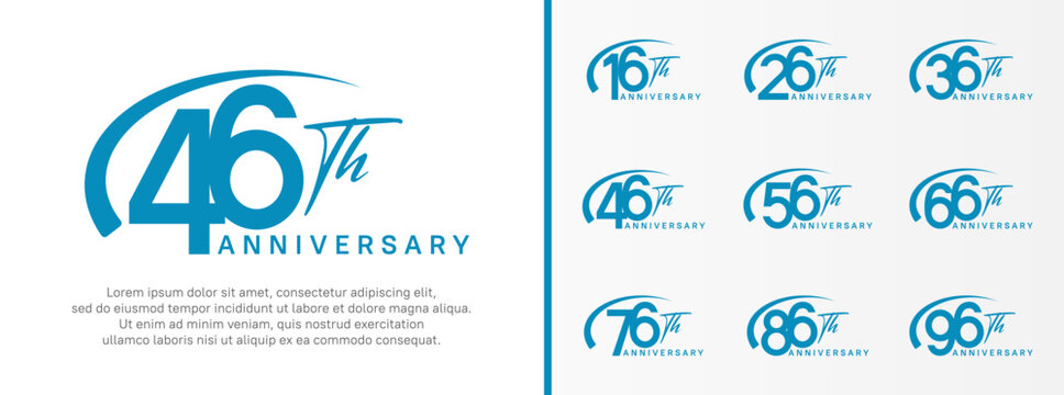 set of anniversary logo blue color number and swoosh on white background for celebration