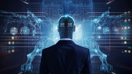 Artificial intelligence and Automated machine learning language blue digital user interface with businessman hand background, Generative Ai
