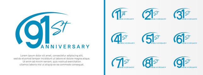 set of anniversary logo blue color number and swoosh on white background for celebration