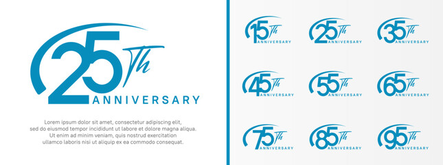 set of anniversary logo blue color number and swoosh on white background for celebration