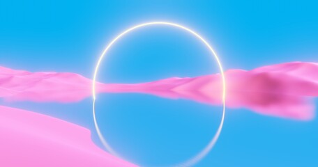 Fantasy landscape of other world, pink mountain valley and blue water. Digital painting 3d rendering