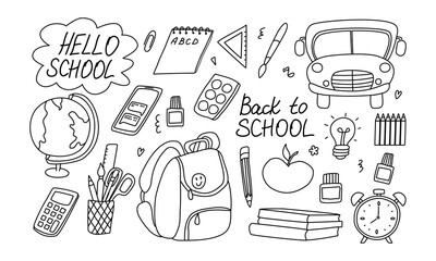 Back to School doodle set. Various school stuff - supplies for art, reading, science, geography, mathematics