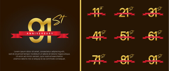 set of anniversary logo gold color number and red ribbon on brown background for celebration