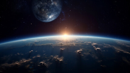 Earth in space view with shining sunrise in universe and galaxy background, Generative Ai