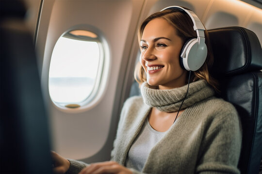 Young Woman With Laptop And Headphones Listening To Music On The Plane During The Flight. Generative AI