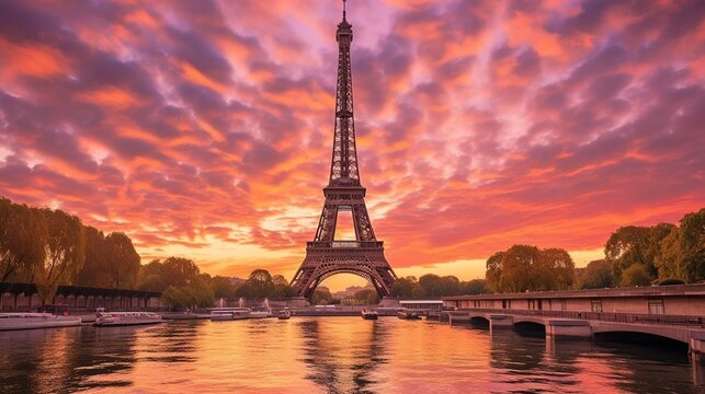The majestic Eiffel Tower in Paris during evening time Created with Generative Ai technology.