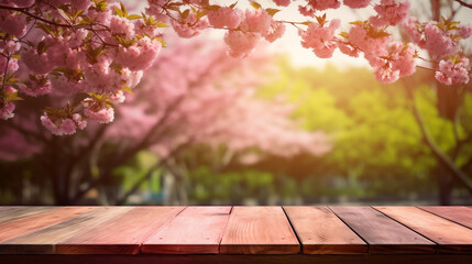 Naklejka na ściany i meble Empty wooden table in Sakura flower Park with garden bokeh background with a country outdoor theme, Template mock up for display of product, Generative Ai