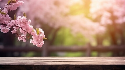 Empty wooden table in Sakura flower Park with garden bokeh background with a country outdoor theme, Template mock up for display of product, Generative Ai