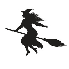 Silhouette of a witch flying on a broomstick. Woman with a broom. Vector illustration isolated on white background