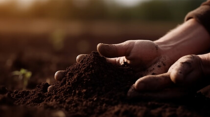 Top view of soil in hands for check the quality of the soil for control soil quality before seed plant. Future agriculture concept. Smart farming, using modern technologies , Generative Ai