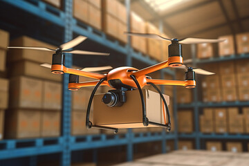 monitor parcels with drones in the warehouse - obrazy, fototapety, plakaty