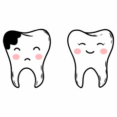 Two cute teeth. Dental decay. Vector doodle illustration on the topic of dentistry.