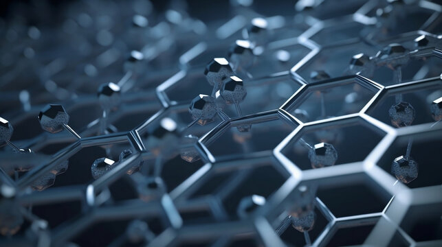Steel chemical hexagonal structure connection network background. Science and business industrial concept. 3D illustration rendering, Generative Ai