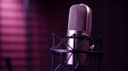 Professional microphone with pink purple background banner, Podcast or recording studio background copy space, Generative Ai