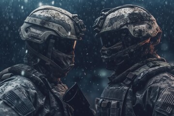 Close up side view portrait of two soldiers with protective helmet and combat uniform opposite each other.